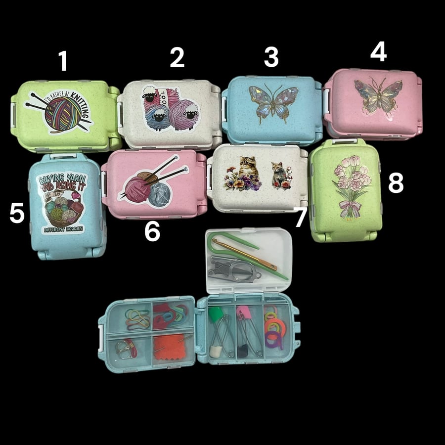 Knitting notions box with butterfly, floral or cat motif, small rigid 