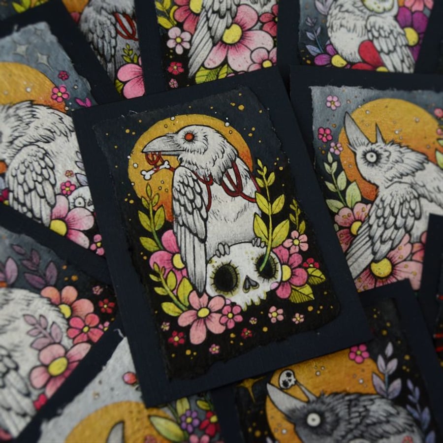 white raven in spring blossom - original aceo illustration