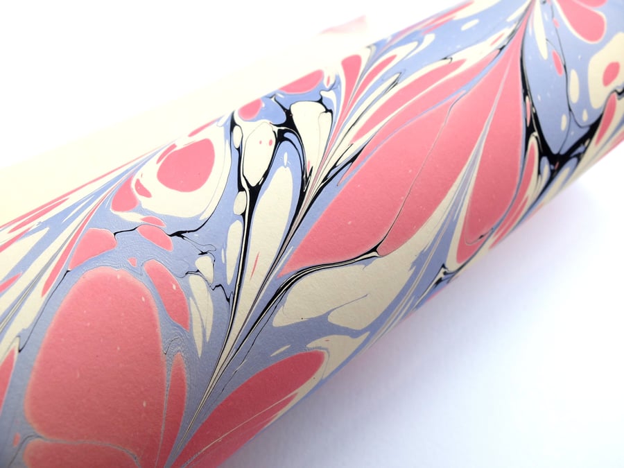 A4 Marbled paper sheet feather pattern red blue