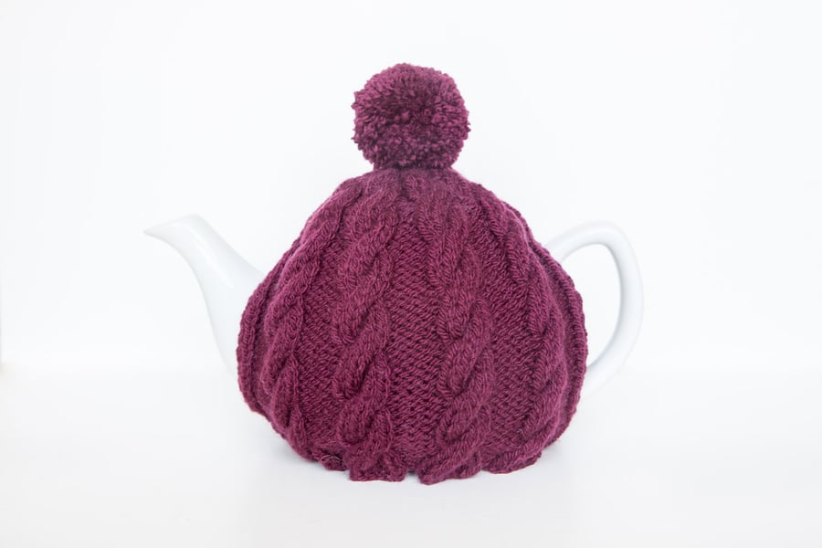 Plum hand knitted tea cosy - Pom pom tea cosy - Teapot cover & warmer
