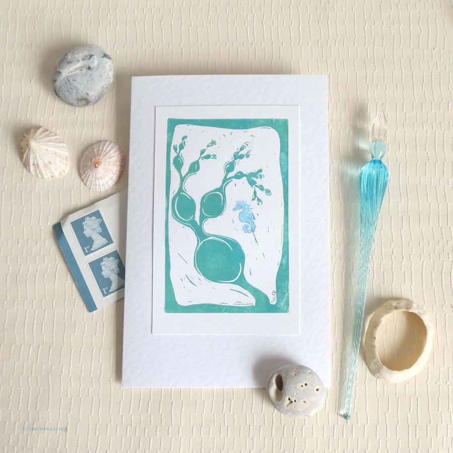 Original lino print artist blank card seahorse in the seaweed in blue green