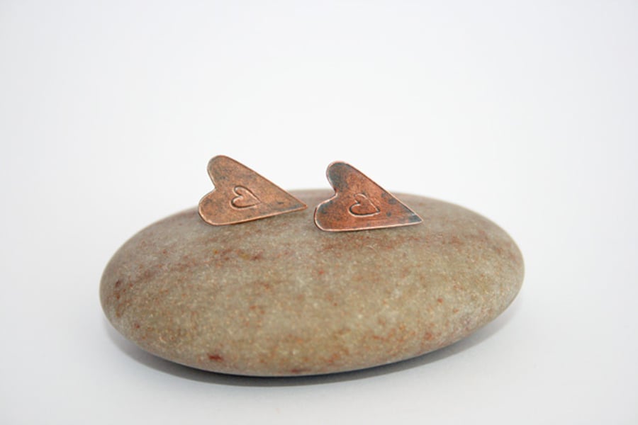 Folk Heart Stamped Copper Earrings