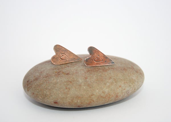 Folk Heart Stamped Copper Earrings