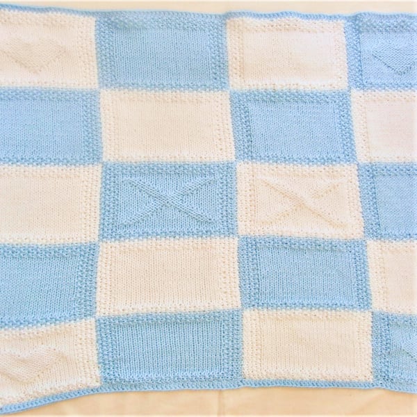 Knitted Blue & White Hearts and Kisses Baby Blanket, Coming Home Blanket