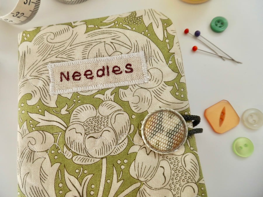 SOLD Sewing needle case in green William Morris print fabric