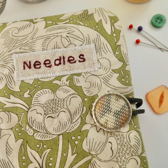 Sewing needle case in Acanthus green fabric