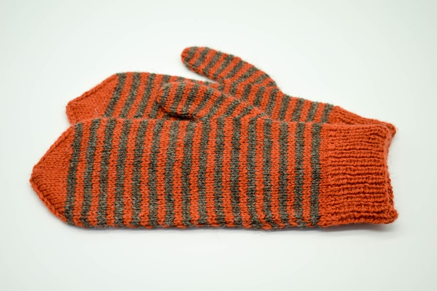 SOLD Hand Knitted mittens - Large - Rust orange and dark grey stripes