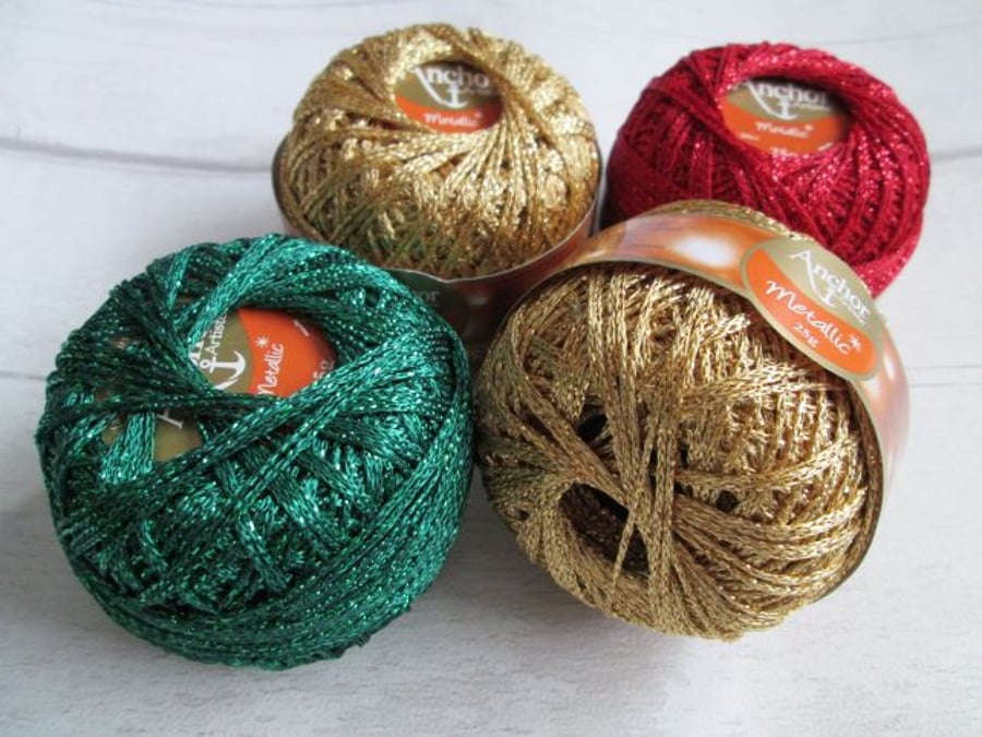 Four Balls of Anchor Artiste Metallic Crochet Yarn, Red, Green and Gold