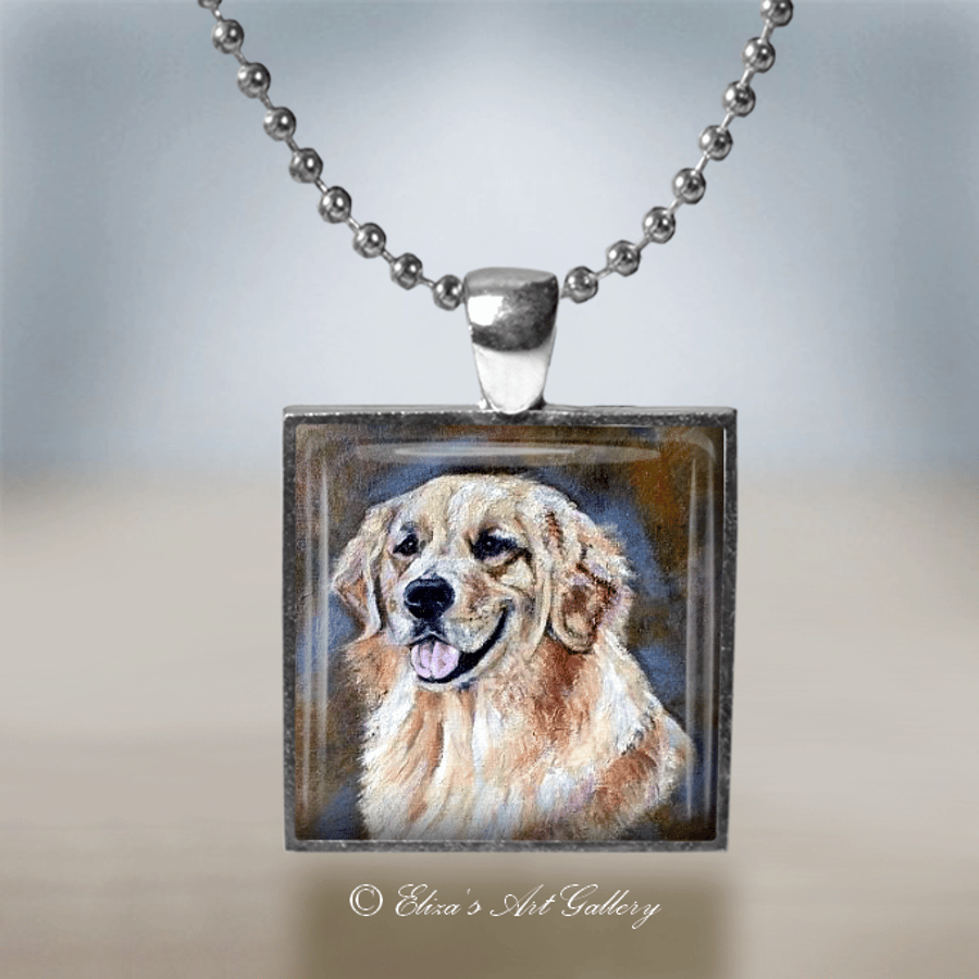 Silver Plated Golden Retriever Dog Art Pendant Necklace