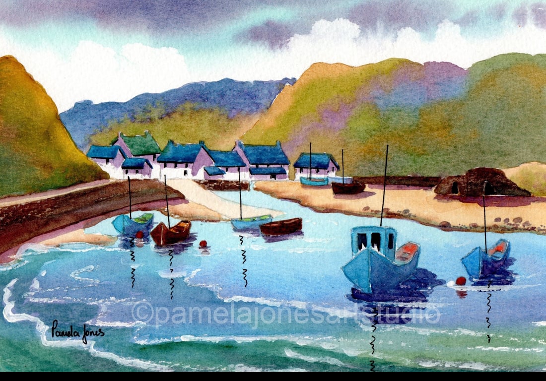 Solva Harbour, Pembrokeshire, West Wales, Watercolour Print, in 20 x 16'' Mount