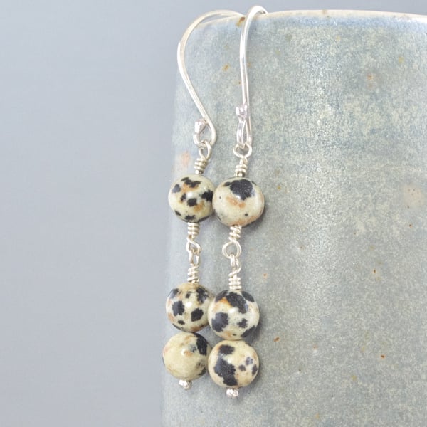 Spotty Dalmatian Jasper Natural Gemstone Sterling Silver Dangle Drop Earrings 