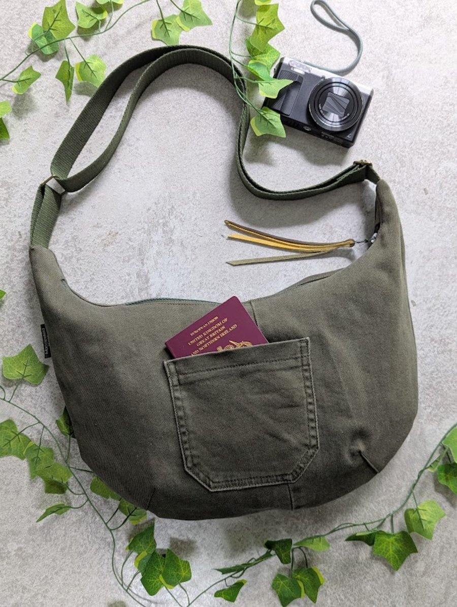 Recycled Canvas Dumpling Bag - Cross Body Sling Bag with Green Straps