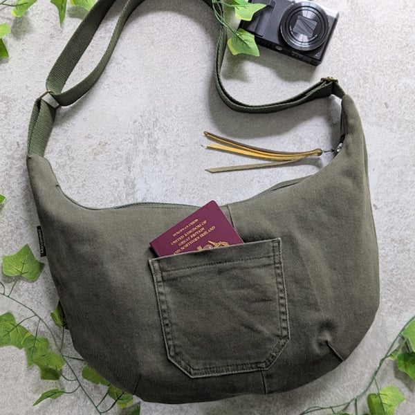 Recycled Canvas Dumpling Bag - Cross Body Sling Bag with Green Straps