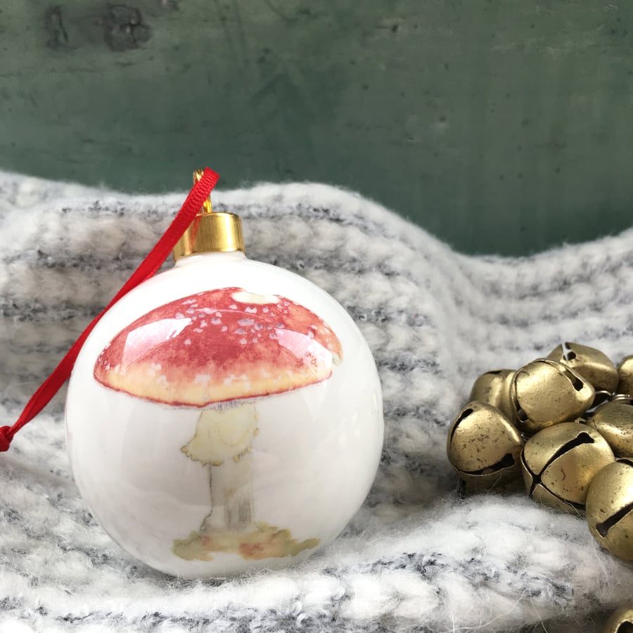 Toadstool bone china Christmas Bauble