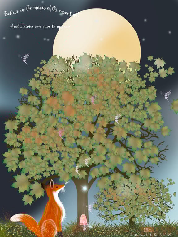 Believe In The Magic of The Moonlight Fairy Print - Fox & Fairies Giclee Print