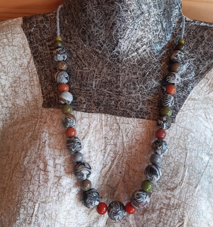 Handmade Polymer Clay Necklace Black and White Multi Swirl