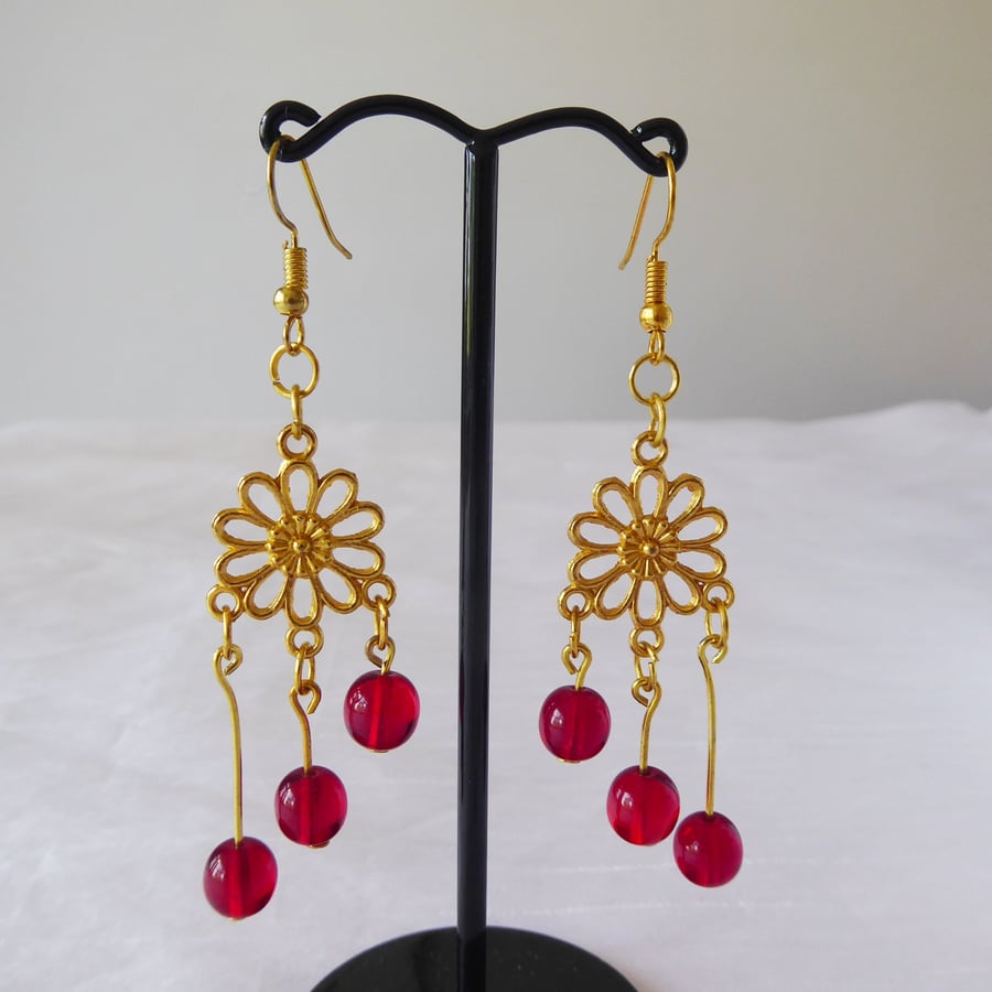 Flower Chandelier Gold Plated Cherry Earrings with Czech Glass Beads 