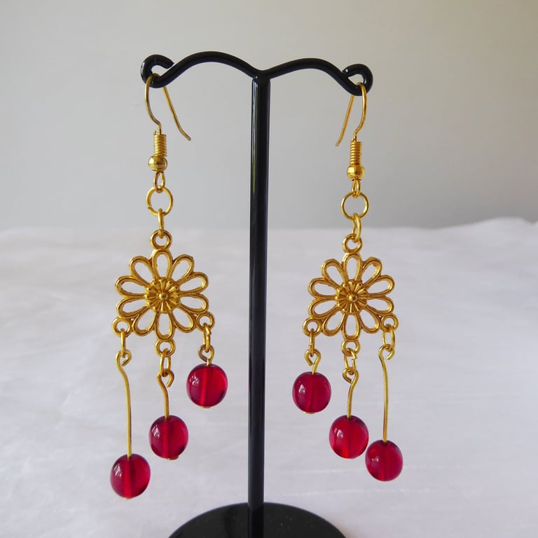 Flower Chandelier Gold Plated Cherry Earrings with Czech Glass Beads 
