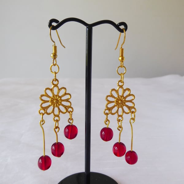Flower Chandelier Gold Plated Cherry Earrings with Czech Glass Beads 