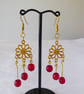 Flower Chandelier Gold Plated Cherry Earrings with Czech Glass Beads 