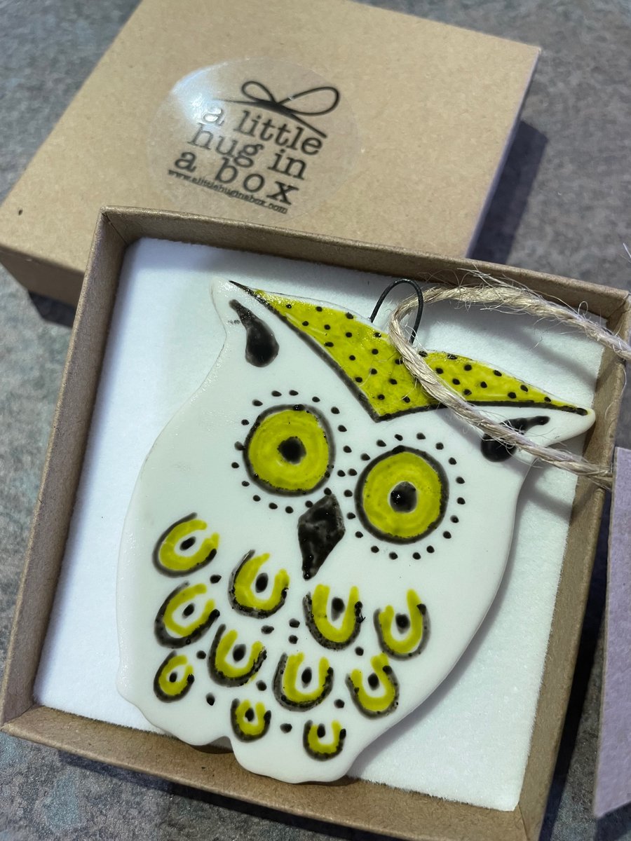 A little hug in a box Lime Green Owl porcelain gift 