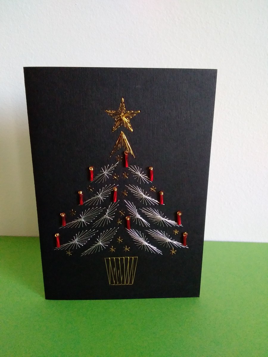 Christmas  Tree with Candles. Hand Embroidered Christmas Card