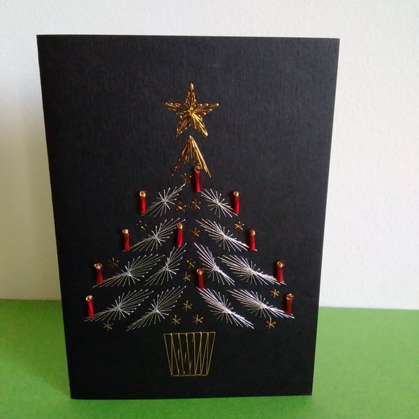 Christmas  Tree with Candles. Hand Embroidered Christmas Card