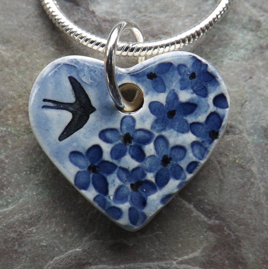 Handmade Ceramic Summer Garden Heart Pendant in blue