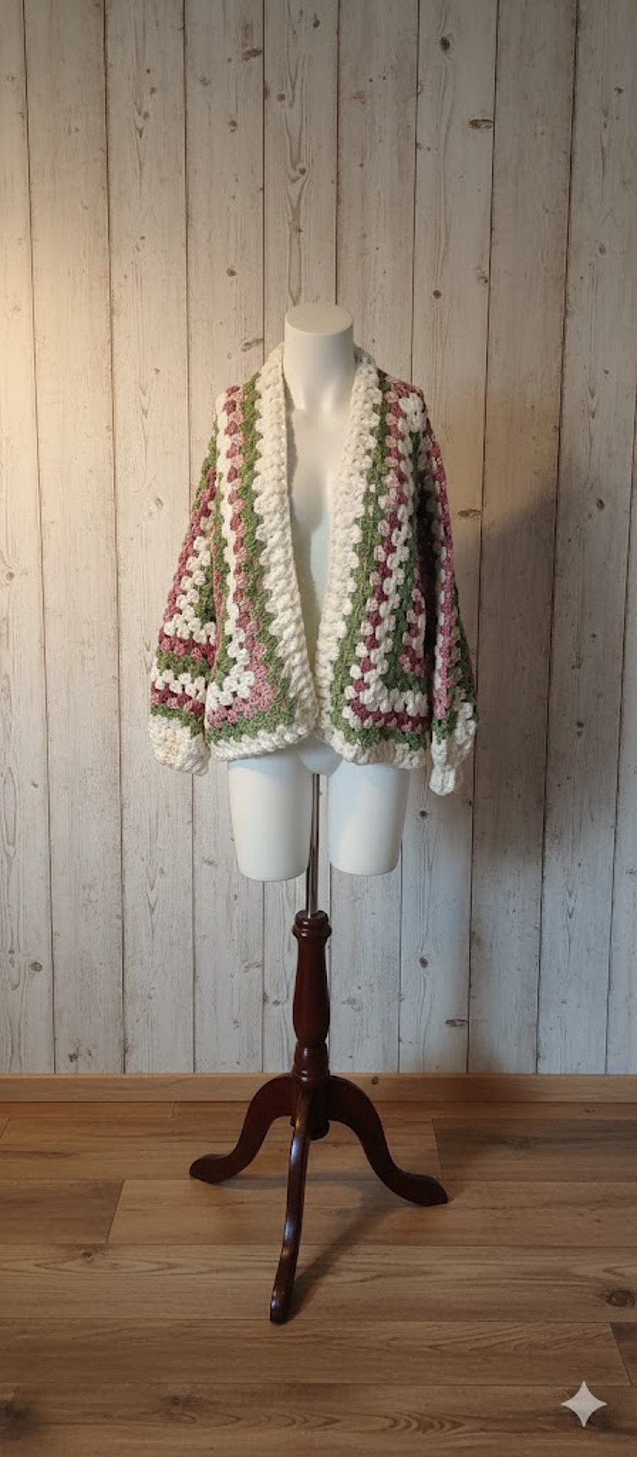 Handmade Crochet Granny Square Cardigan Sage & Sorbet, Boho Hexagon Cardigan