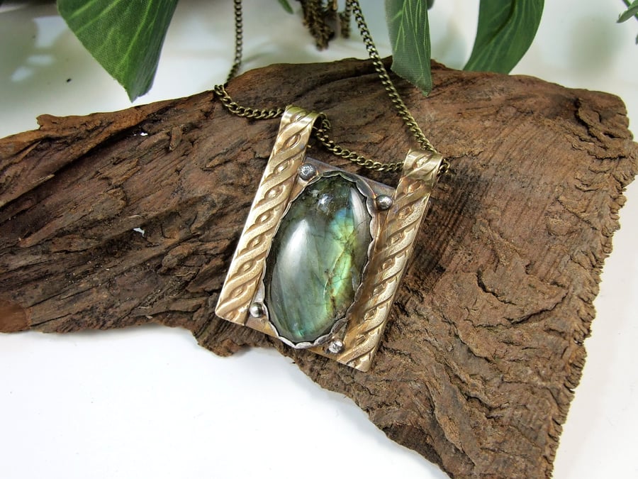 Labradorite Long Necklace. Arts & Crafts Style Pendant 