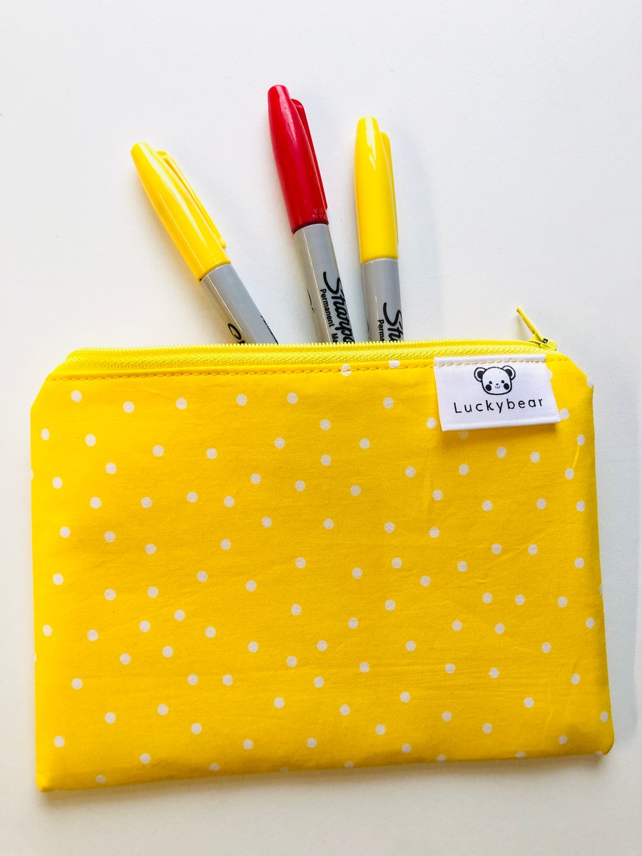 Bright yellow spotty zip pouch, polka dot pouch, yellow zip pouch