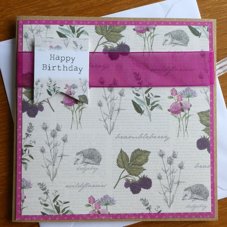 Happy Birthday Card - Botanical Style Flowers and Hedgehogs