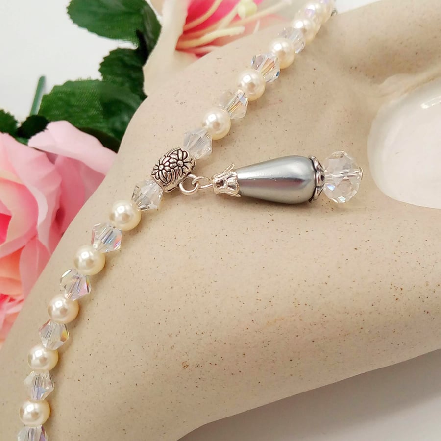 Champagne Pearls and Clear Crystal Necklace with Pearl and Crystal Pendant