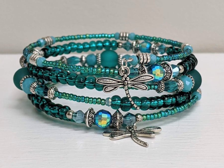 Dragonfly Charm Memory Wire Bracelet, Stacked ... - Folksy