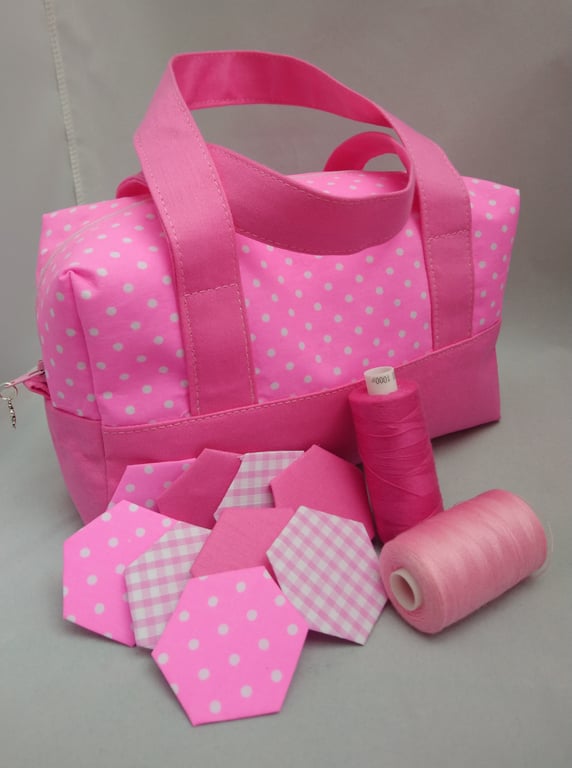 Bags, Pink Box Shaped Multi Use Bag, Zip, Handles, Sewing, Crochet, Craft Room