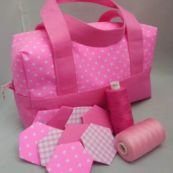 Bags, Pink Box Shaped Multi Use Bag, Zip, Handles, Sewing, Crochet, Craft Room