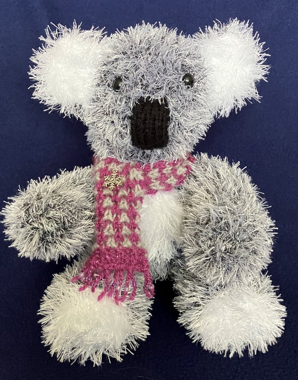 Christmas Koala with pale purple and grey beaded scarf - shelf sitter decoration