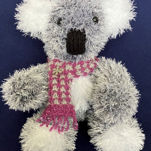 Christmas Koala with pale purple and grey beaded scarf - shelf sitter decoration