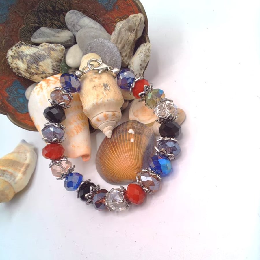 Multi Coloured Crystal Bracelet with Silver Plated Bead Caps, Gift for Her