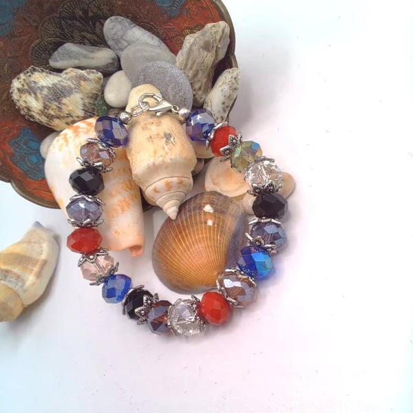 Multi Coloured Crystal Bracelet with Silver Plated Bead Caps, Gift for Her