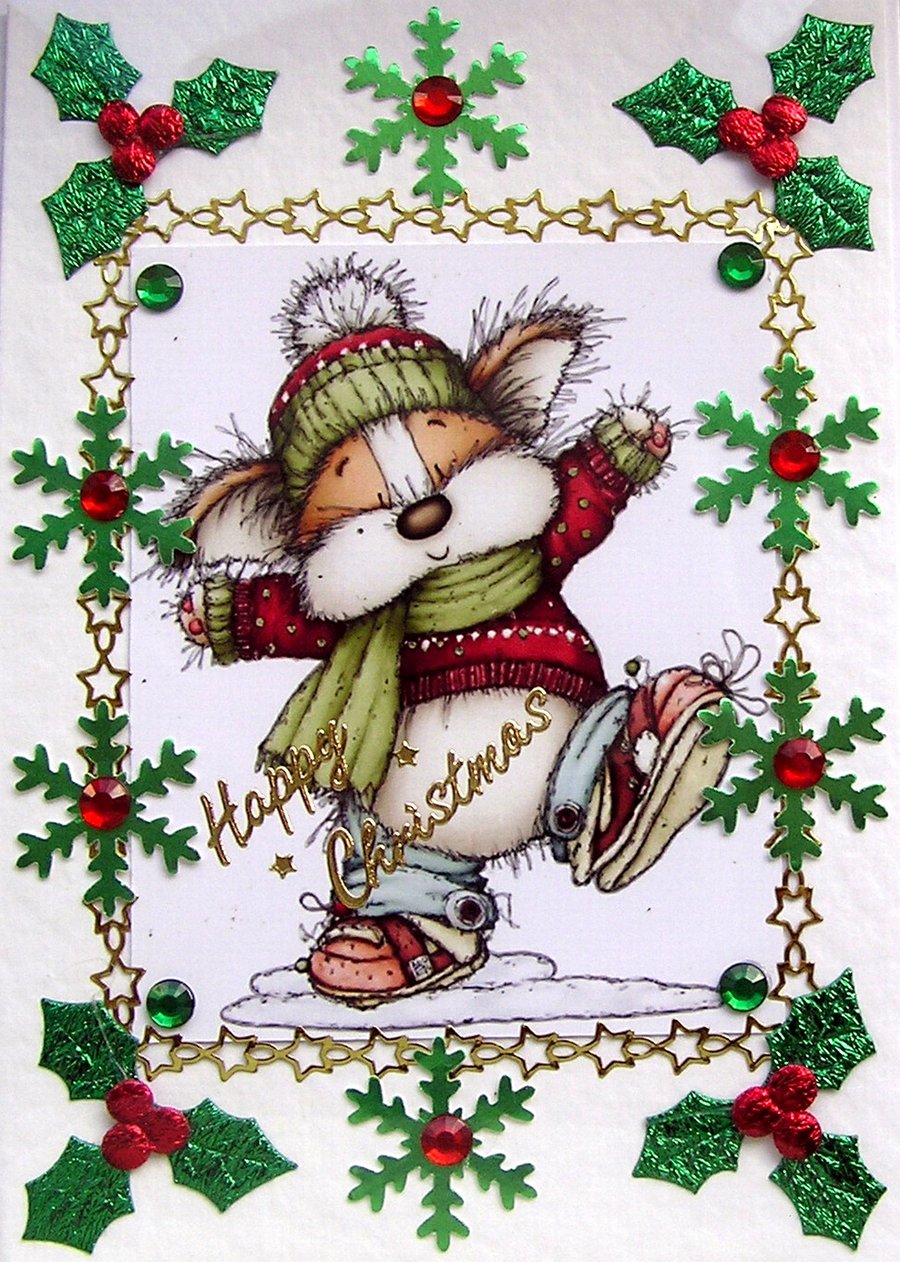 Hand Crafted Decoupage Chistmas Card Happy Christmas (3377) Dancing Xmas Puppy