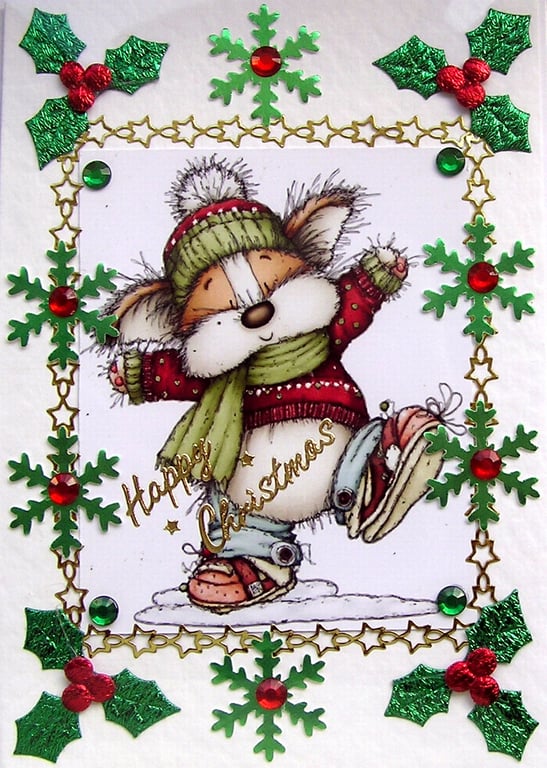 Hand Crafted Decoupage Chistmas Card Happy Christmas (3377) Dancing Xmas Puppy