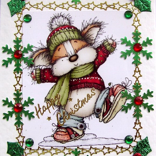 Hand Crafted Decoupage Chistmas Card Happy Christmas (3377) Dancing Xmas Puppy