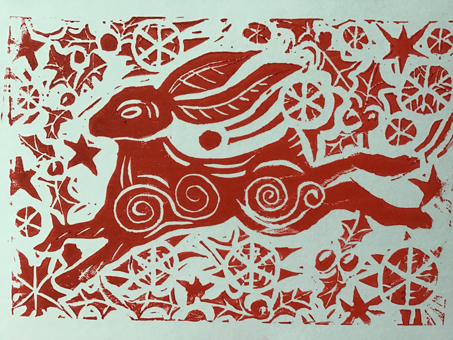Hare in the Holly.  Linoprint card.