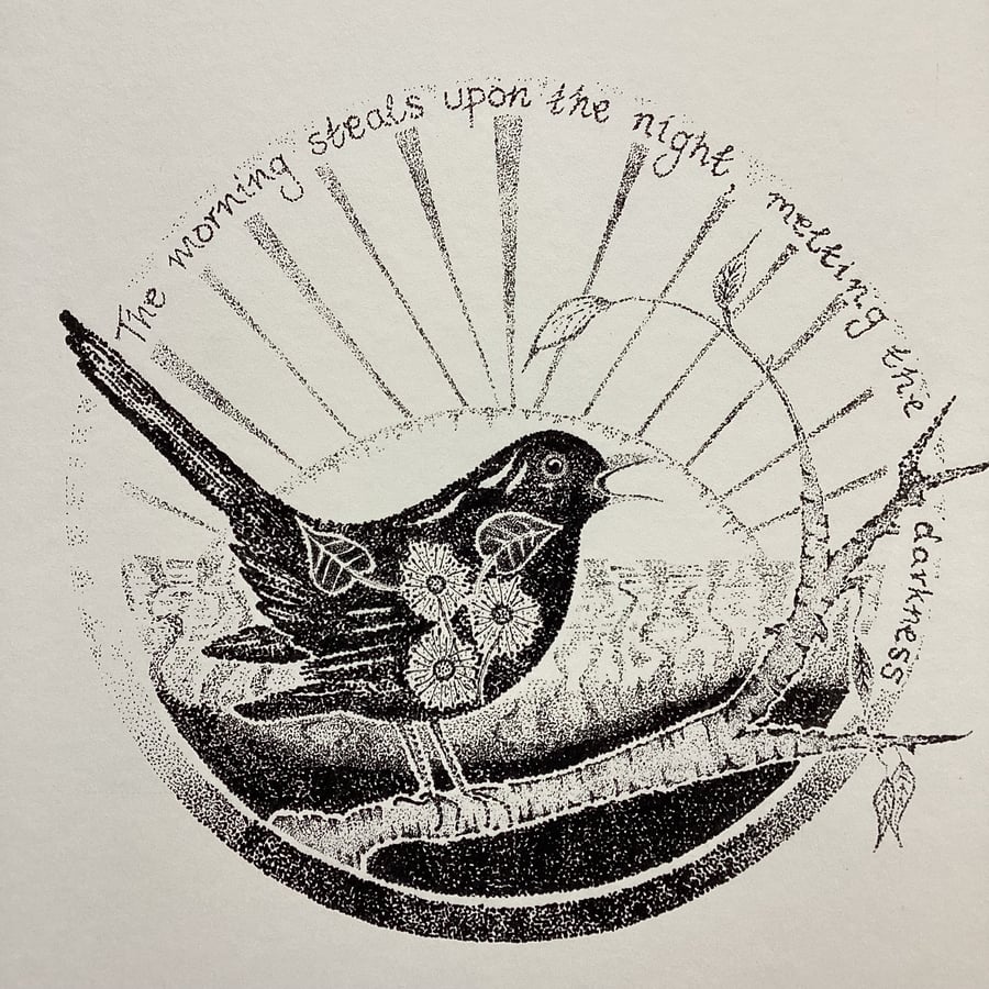 Blackbird art, Shakespeare quote, pointillism print, sunrise art, poetic artwork