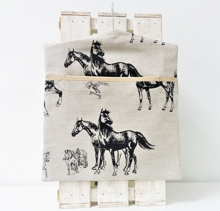 Handmade Linen Cotton Racing Horses Peg Bag Size 35cm x 30cm  14" x 12"