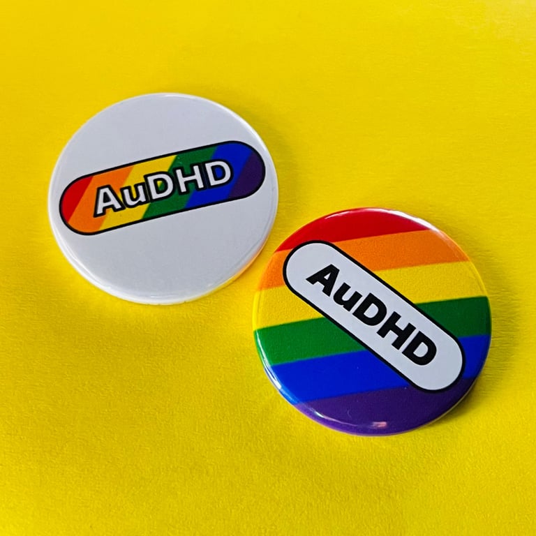 AuDHD badge, pocket pebble or magnet. Lanyard badge. Autistic and attention defi
