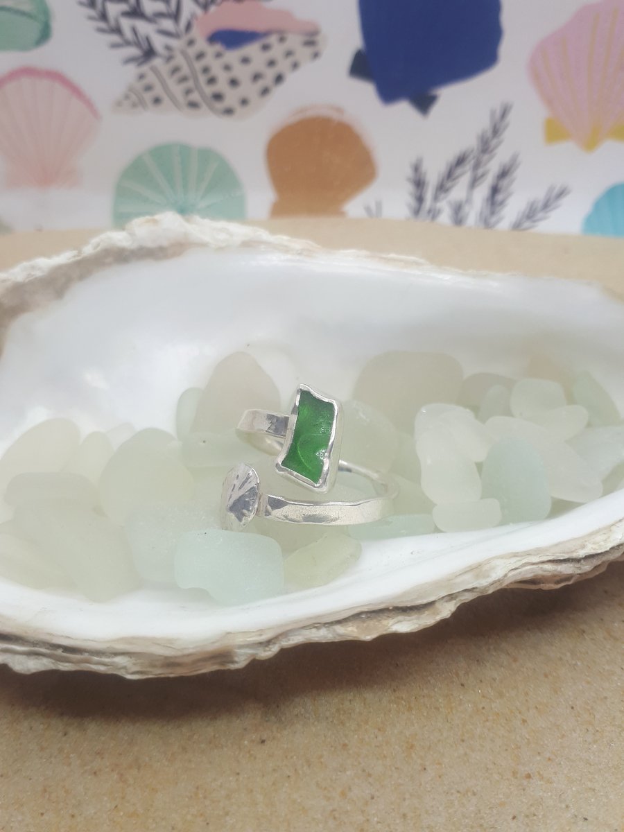 Kelly green sea glass and limpet adjustable ring 