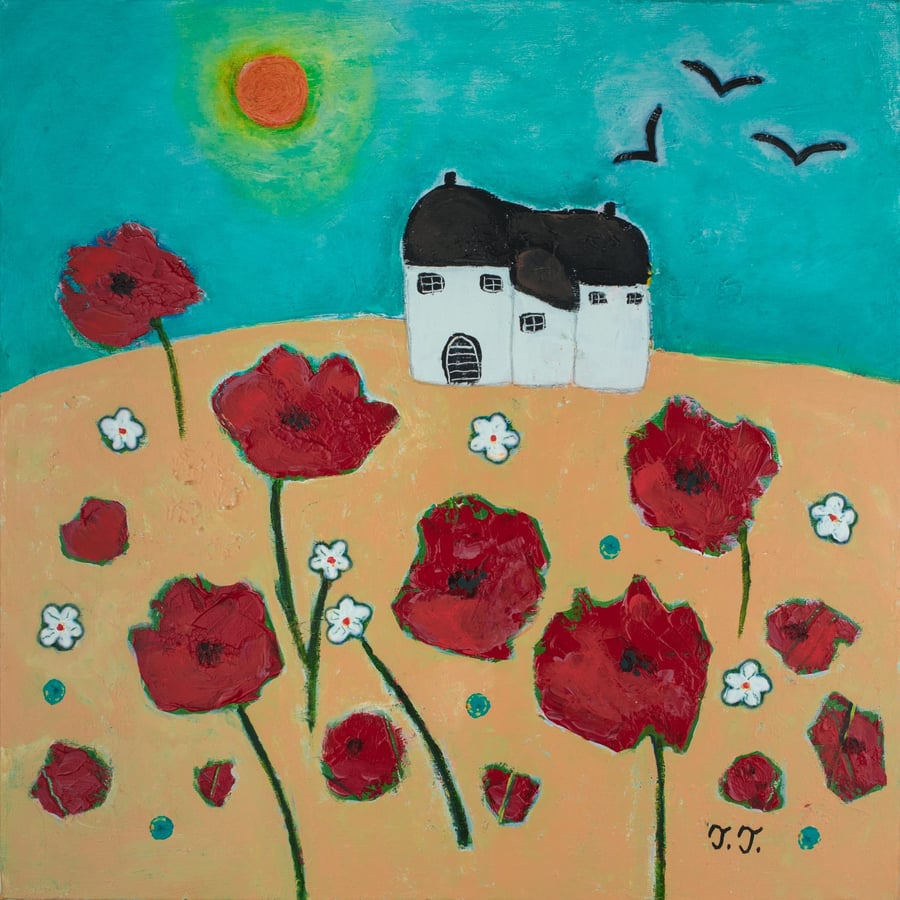 Summer Landscape with Red Poppy and Devon Cottage, Naive Art Countryside