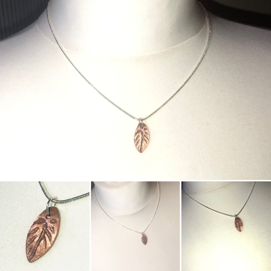 Hand carved solid copper leaf pendant mini & 16” sterling silver chain